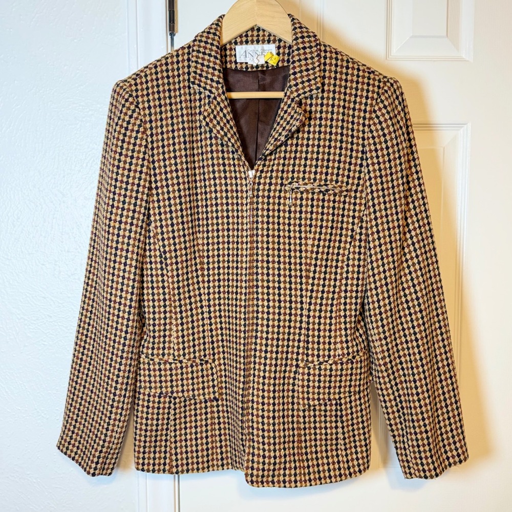Casual Corner Annex Vintage Brown Houndstooth Zip Up Blazer Jacket Womens Size 6